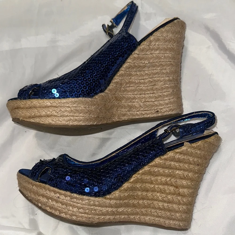 Blue Sequin Wedge Sandals Size‎ 9.5 Showoff Show Off